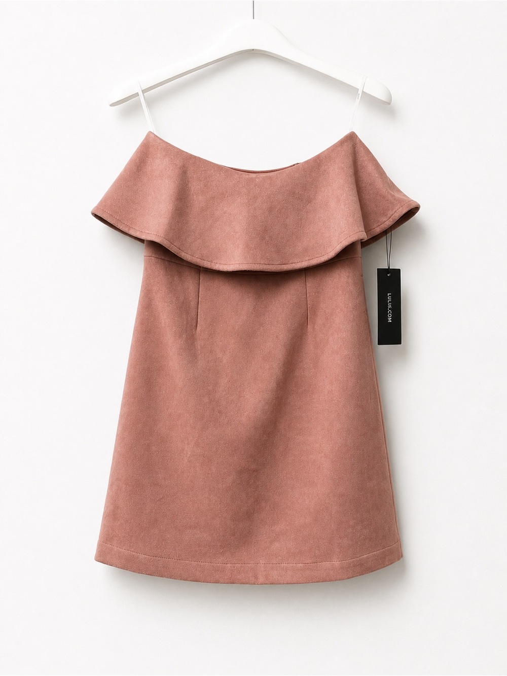 Lulus Off Shoulder Ruffle Mini Dress Dusty Rose XS Faux Suede NWT - Picture 2 of 7